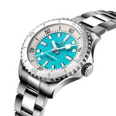 Breitling Superocean Automatic 36 Edelstahl blaues Zifferblatt Metallband – Damenuhren Uhr ohne Datum aus Edelstahl und Keramik. Das Gehäuse ist rund und silber. Das Edelstahlarmband ist silber. Das Zifferblatt ist ein Index in blau. – Ansicht 2