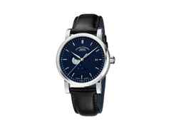 Mühle Glashütte Teutonia IV BlueMoon Automatik Edelstahl 39mm nachtblaues Zifferblatt schwarzes Lederband – Herrenuhren Uhr mit Datum aus Edelstahl und Leder. Das Gehäuse ist rund und silber. Das Lederarmband ist schwarz. Das Zifferblatt ist ein Index in blau.