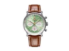Breitling Navitimer B01 Chronograph 41 Edelstahl grünes Zifferblatt braunes Lederband – Herrenuhren Chronograph aus Edelstahl. Das Gehäuse ist rund und silber. Das Lederarmband Kroko / Alligator ist braun. Das Zifferblatt ist ein Index in grün.