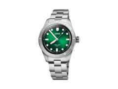 Oris Divers Sixty-Five Calibre 400 Automatik Edelstahl 38mm grünes Zifferblatt Metallband – Herrenuhren Uhr ohne Datum aus Edelstahl. Das Gehäuse ist rund und silber. Das Edelstahlarmband ist silber. Das Zifferblatt ist ein Index in grün.
