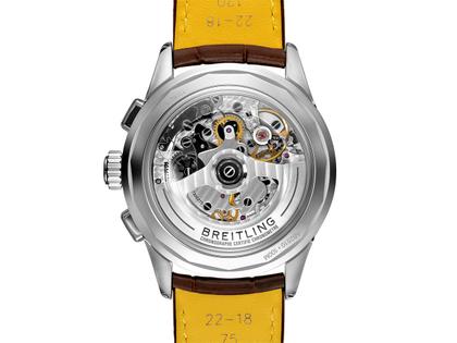 Breitling Premier B25 Datora 42 Chronograph Automatik Edelstahl kupferfarbenes Zifferblatt braunes Lederband – Herrenuhren Chronograph aus Edelstahl. Das Gehäuse ist rund und silber. Das Lederarmband Kroko / Alligator ist braun. Das Zifferblatt ist arabisch Index und braun. – Ansicht 2