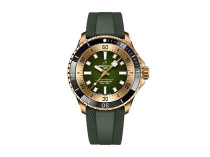 Breitling Superocean Automatic 42 Bronze grünes Zifferblatt grünes Kautschukband – Herrenuhren Uhr ohne Datum aus 750 Rotgold, Edelstahl und Keramik. Das Gehäuse ist rund und roségold. Das Kautschuk / Kunststoff / Silikon Armband ist grün. Das Zifferblatt ist ein Index in grün.