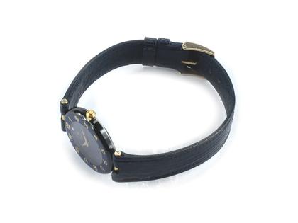 Juwelier Roller Safira Damenuhr Edelstahl Lederband blau Refurbished Occasion – Damenuhren Uhr mit Datum aus 750 Gelbgold, Edelstahl und Leder. Das Gehäuse ist rund und schwarz. Das Lederarmband Eidechse ist blau. Das Zifferblatt ist arabisch und schwarz. – Ansicht 2