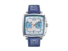 Union Glashütte Averin Chronograph Automatik Edelstahl 41mm weißes Zifferblatt blaues Kautschukband und blaues Lederband – Herrenuhren Chronograph aus Edelstahl, Kautschuk und Leder. Das Gehäuse ist quadratisch und silber. Das Lederarmband ist blau. Das Zifferblatt ist ein Index in weiß. – Ansicht 2