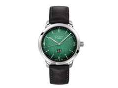 Glashütte Original Sixties Panoramadatum Automatik Edelstahl 42mm grünes Zifferblatt schwarzes Lederband – Herrenuhren Uhr mit Datum aus Edelstahl. Das Gehäuse ist rund und silber. Das Lederarmband ist schwarz. Das Zifferblatt ist arabisch Index und grün.