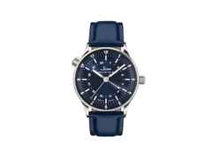 Sinn Spezialuhren 6060 B Frankfurter Weltzeituhr Automatik Edelstahl 38,5mm blaues Zifferblatt Metallband – Herrenuhren Uhr mit Datum aus Edelstahl und Leder. Das Gehäuse ist rund und silber. Das Edelstahlarmband ist silber. Das Zifferblatt ist arabisch Index und blau. – Ansicht 2