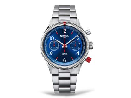 Hanhart Red X Blau Handaufzug Edelstahl 39mm blaues Zifferblatt blaues Lederband – Herrenuhren Chronograph aus Edelstahl, Keramik, Kunststoff und Leder. Das Gehäuse ist rund und silber. Das Lederarmband ist blau. Das Zifferblatt ist arabisch Index und blau. – Ansicht 2