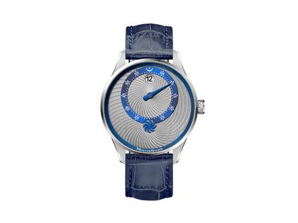 MeisterSinger Souscription Panthero Jumping Hour Guilloché Automatik Edelstahl 40,5mm silbernes Zifferblatt blaues Lederband – Herrenuhren Uhr mit Datum aus Edelstahl und Leder. Das Gehäuse ist rund und silber. Das Lederarmband ist blau. Das Zifferblatt ist arabisch Index und silber.