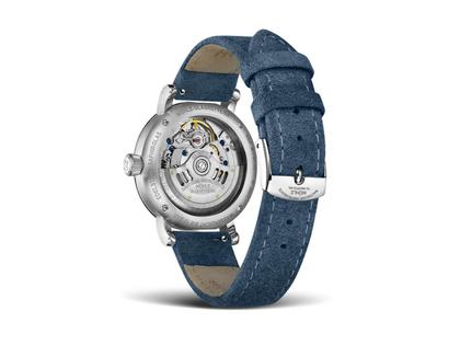 Mühle Glashütte Teutonia IV Lady Automatik Edelstahl 33,5mm pastellblaues Zifferblatt blaues Lederband – Damenuhren Uhr mit Datum aus Edelstahl. Das Gehäuse ist rund und silber. Das Lederarmband ist blau. Das Zifferblatt ist ein Index in blau. – Ansicht 2