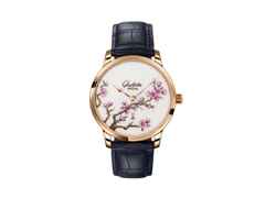 Glashütte Original Senator Meissen Cherry Blossom Automatik Roségold 40mm weißes Porzellan-Zifferblatt blaues Lederband – Herrenuhren Uhr ohne Datum aus 750 Rotgold und Leder. Das Gehäuse ist rund und roségold. Das Lederarmband Kroko / Alligator ist blau. Das Zifferblatt ist ohne Zeichen und weiß.