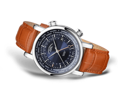 Mühle Glashütte Teutonia II Weltzeit Herrenuhr mit zweiter Zeitzone nachtblau Lederband – Herrenuhren Uhr mit Datum aus Edelstahl. Das Gehäuse ist rund und silber. Das Lederarmband ist braun. Das Zifferblatt ist ein Index in blau. – Ansicht 2