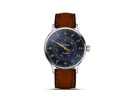 MeisterSinger Pangaea Day Date Automatik Edelstahl 40mm blaues Zifferblatt braunes Lederband – Herrenuhren Uhr mit Datum aus Edelstahl und Leder. Das Gehäuse ist rund und silber. Das Lederarmband ist braun. Das Zifferblatt ist arabisch Index und blau.