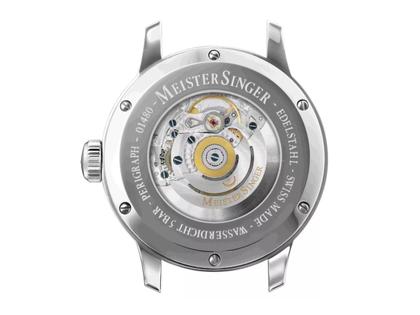 MeisterSinger Perigraph 38 Automatik Edelstahl blau Lederband braun – Herrenuhren Uhr mit Datum aus Edelstahl und Leder. Das Gehäuse ist rund und silber. Das Lederarmband ist braun. Das Zifferblatt ist arabisch und blau. – Ansicht 2