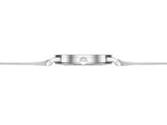 Nomos Glashütte Tangente 38 Datum "175 Years Watchmaking - Pastell" Handaufzug Edelstahl korallfarbenes Zifferblatt graues Textilband Glasboden – Herrenuhren Uhr mit Datum aus Edelstahl. Das Gehäuse ist rund und silber. Das Textilarmband ist grau. Das Zifferblatt ist arabisch Index und orange. – Ansicht 3