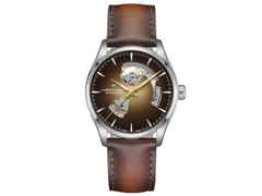 Hamilton Jazzmaster Open Heart Automatik Edelstahl 42mm braunes Zifferblatt braunes Lederband – Herrenuhren Uhr ohne Datum aus Edelstahl und Leder. Das Gehäuse ist rund und silber. Das Lederarmband ist braun. Das Zifferblatt ist ein Index in braun.