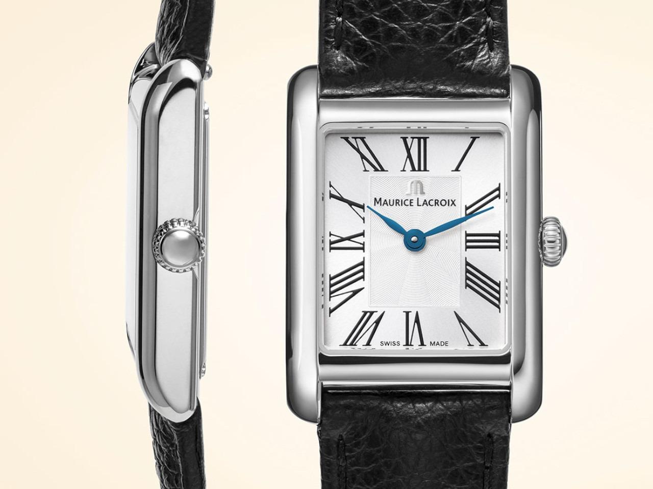 Maurice Lacroix Fiaba Square Quarz Edelstahl 24x34mm silbernes Zifferblatt schwarzes Lederband – Damenuhren Uhr ohne Datum aus Edelstahl. Das Gehäuse ist rechteckig und silber. Das Lederarmband ist schwarz. Das Zifferblatt ist römisch und silber. – Ansicht 3