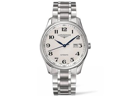 Longines Master Collection Automatik 42 mm silber arabisch Metallband – Herrenuhren Uhr mit Datum aus Edelstahl. Das Gehäuse ist rund und silber. Das Edelstahlarmband ist silber. Das Zifferblatt ist arabisch und silber.