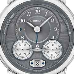 Montblanc Star Legacy Nicolas Rieussec Monopusher Automatik Chronograph – Herrenuhren Chronograph aus Edelstahl. Das Gehäuse ist rund und silber. Das Lederarmband Kroko / Alligator ist grau. Das Zifferblatt ist arabisch und grau. – Ansicht 2