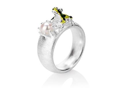Drachenfels Design Giftpfeilfrosch Damenring grün mit Perle – Ringe Ring mit Besatz aus 925 Silber.