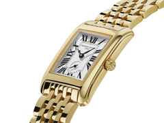 Frederique Constant Classics Carree Small Seconds Quarz Edelstahl Gelbgold-PVD 36x25mm weißes Zifferblatt Metallband – Damenuhren Uhr mit Datum aus Edelstahl und PVD beschichtet. Das Gehäuse ist rechteckig und gelbgold. Das Edelstahlarmband ist gelbgold. Das Zifferblatt ist römisch und weiß. – Ansicht 2
