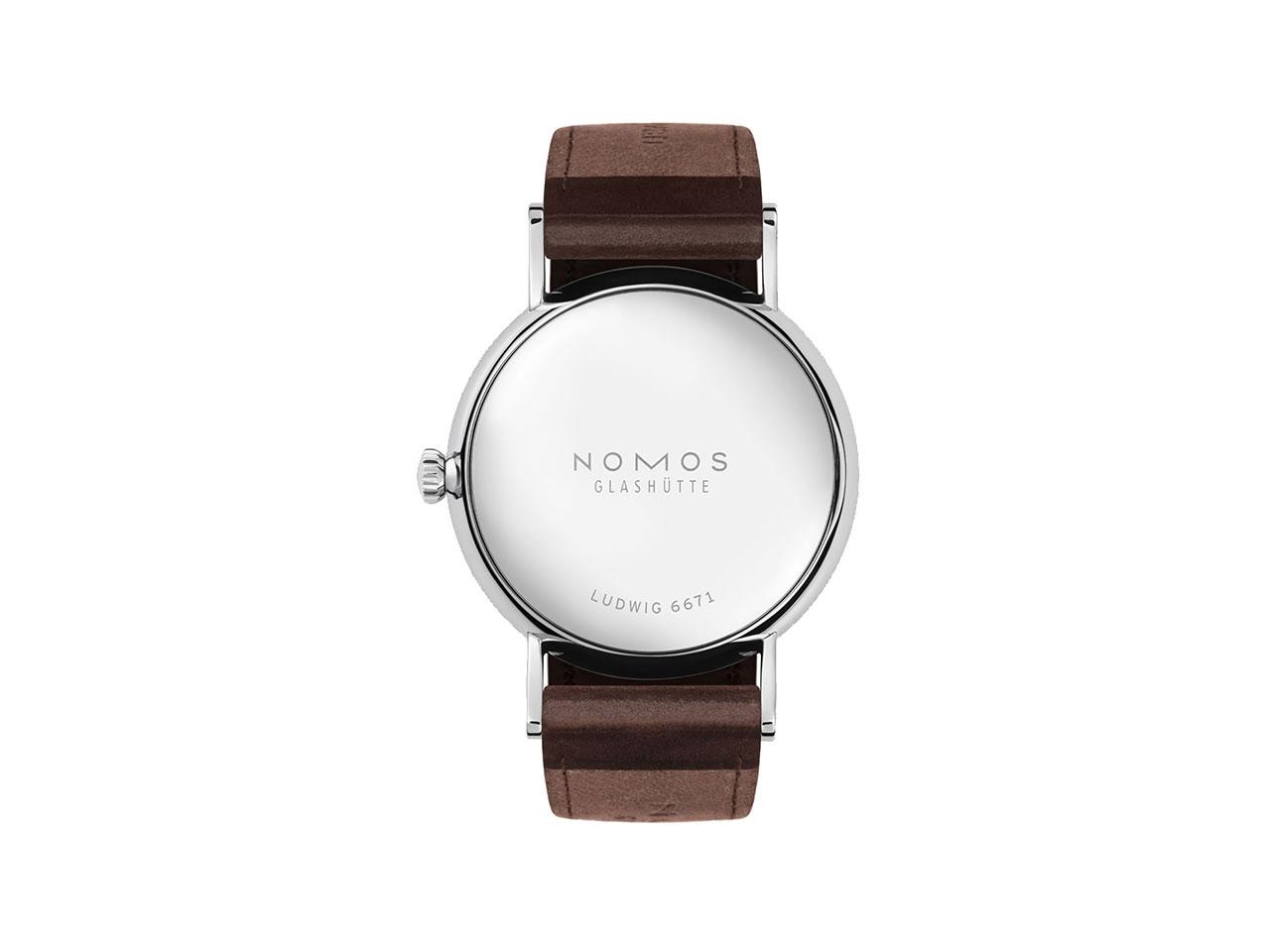 Nomos Glashütte Ludwig 33 Emailleweiß Handaufzug Edelstahl weißes Zifferblatt braunes Lederband Stahlboden – Damenuhren Uhr ohne Datum aus Edelstahl. – Ansicht 2