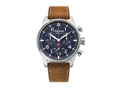 Alpina Startimer Pilot Chronograph Quarz Edelstahl 44mm blaues Zifferblatt braunes Lederband – Herrenuhren Chronograph aus Edelstahl und Leder. Das Gehäuse ist rund und silber. Das Lederarmband ist braun. Das Zifferblatt ist arabisch Index und blau.