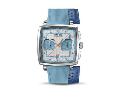 Union Glashütte Averin Chronograph Automatik Edelstahl 41mm weißes Zifferblatt blaues Kautschukband und blaues Lederband – Herrenuhren Chronograph aus Edelstahl, Kautschuk und Leder. Das Gehäuse ist quadratisch und silber. Das Lederarmband ist blau. Das Zifferblatt ist ein Index in weiß. – Ansicht 3