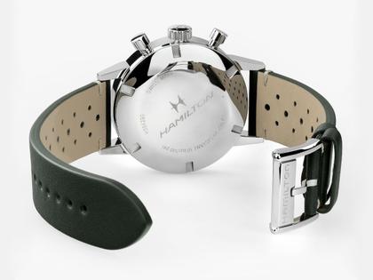 Hamilton American Classic Intra-Matic Chronograph H Handaufzug Edelstahl 40mm grünes Zifferblatt grünes Lederband – Herrenuhren Chronograph aus Edelstahl. Das Gehäuse ist rund und silber. Das Lederarmband ist grün. Das Zifferblatt ist ein Index in grün. – Ansicht 3