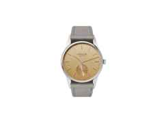 Nomos Glashütte Orion 33 Gold Handaufzug Edelstahl 33mm goldfarbenes Zifferblatt graues Lederband Stahlboden – Damenuhren Uhr ohne Datum aus Edelstahl und Leder. Das Gehäuse ist rund und silber. Das Lederarmband ist beige. Das Zifferblatt ist ein Index in beige.