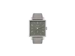 Nomos Glashütte Tetra Sinfonie Ode an die Freude Handaufzug 29mm graues Zifferblatt graues Lederband – Damenuhren Uhr ohne Datum aus Edelstahl. Das Gehäuse ist quadratisch und silber. Das Lederarmband ist grau. Das Zifferblatt ist arabisch Index und grün.