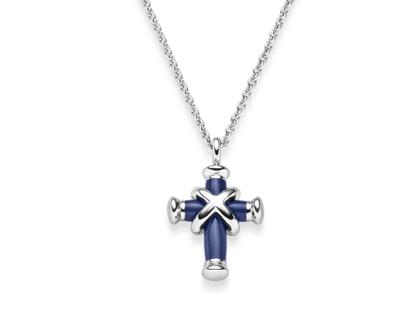 Leo Wittwer Crosses Anhänger  Mini Weißgold mit Kaltemaille blau, mit Kette – Halsschmuck Kette mit Anhänger in blau und aus 750 Weißgold.