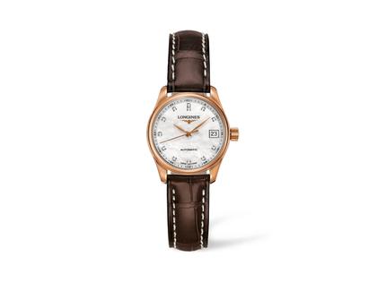 Damenuhren Uhr mit Datum aus 750 Rotgold. Das Armband ist ein Lederarmband Kroko / Alligator. Der Zifferblatt ist arabisch.