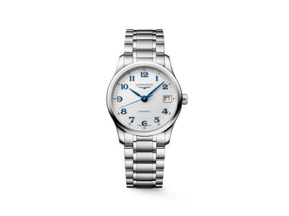 Longines Master Collection Automatik Edelstahl 34mm silbernes Zifferblatt Metallband – Damenuhren Uhr mit Datum aus Edelstahl. Das Gehäuse ist rund und silber. Das Edelstahlarmband ist silber. Das Zifferblatt ist arabisch und silber.