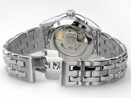 Hamilton Jazzmaster Open Heart Lady Automatik Edelstahl 36mm blaues Zifferblatt Metallband – Damenuhren Uhr ohne Datum aus Edelstahl. Das Gehäuse ist rund und silber. Das Edelstahlarmband ist silber. Das Zifferblatt ist ein Index in blau. – Ansicht 3