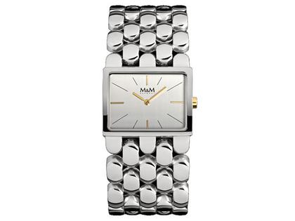 M&M Bubble Quarz Edelstahl 32x25mm silbernes Zifferblatt Metallband – Damenuhren Uhr ohne Datum aus Edelstahl. Das Gehäuse ist rechteckig und silber. Das Edelstahlarmband ist silber. Das Zifferblatt ist ein Index in silber.