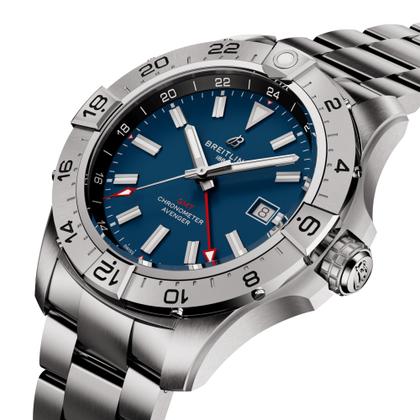 Breitling Avenger GMT 44 Automatik Edelstahl blaues Zifferblatt Metallband – Herrenuhren Uhr mit Datum aus Edelstahl. Das Gehäuse ist rund und silber. Das Edelstahlarmband ist silber. Das Zifferblatt ist ein Index in blau. – Ansicht 2
