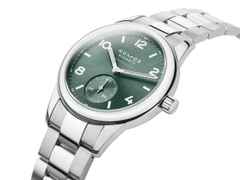 Nomos Glashütte Club Sport neomatik 37 Petrol Automatik Edelstahl grünes Zifferblatt Metallband Stahlboden – Herrenuhren Uhr ohne Datum aus Edelstahl. Das Gehäuse ist rund und silber. Das Edelstahlarmband ist silber. Das Zifferblatt ist arabisch Index und grün. – Ansicht 2