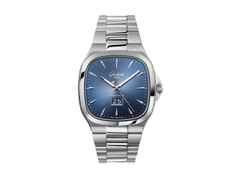 Glashütte Original Seventies Panoramadatum Automatik Edelstahl 40mm blaues Zifferblatt Metallband – Herrenuhren Uhr mit Datum aus Edelstahl. Das Gehäuse ist quadratisch und silber. Das Edelstahlarmband ist silber. Das Zifferblatt ist ein Index in blau.