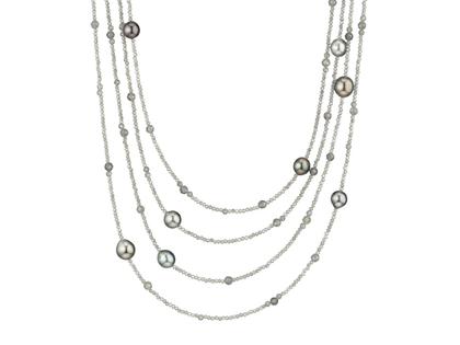 Gellner Big Bang Collier Weißgold 300cm mit Labradorit und Tahitiperlen 8-10mm – Halsschmuck Collier in grau und aus 750 Weißgold.