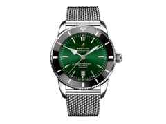 Breitling Superocean Heritage B20 Automatic 46 Edelstahl grünes Zifferblatt Metallband – Herrenuhren Uhr mit Datum aus Edelstahl, Kautschuk und Keramik. Das Gehäuse ist rund und silber. Das Edelstahlarmband ist silber. Das Zifferblatt ist ein Index in grün.