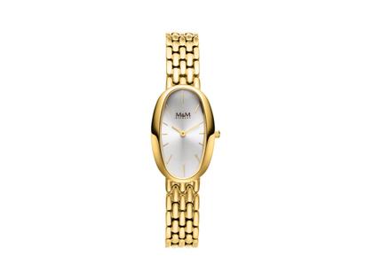 M&M Ring-O Retro Quarz Edelstahl IP-Gelbgold 34x22mm silbernes Zifferblatt Metallband – Damenuhren Uhr ohne Datum aus Edelstahl, IP beschichtet und vergoldet. Das Gehäuse ist oval und gelbgold. Das Edelstahlarmband ist gelbgold. Das Zifferblatt ist ein Index in silber.