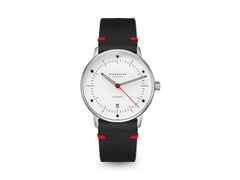 Sternglas Naos Edition Bauhaus X Rot Automatik Edelstahl 38mm beiges Zifferblatt schwarzes Lederband – Herrenuhren Uhr mit Datum aus Edelstahl. Das Gehäuse ist rund und silber. Das Lederarmband ist schwarz. Das Zifferblatt ist ein Index in beige.