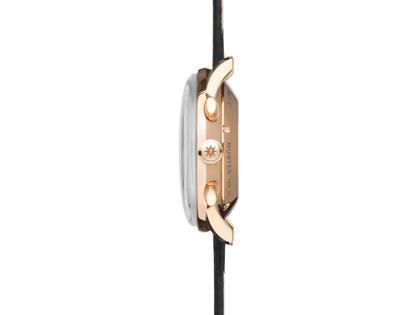 Junghans Meister Chronoscope Automatik Edelstahl Roségold-PVD 41mm versilbertes Zifferblatt schwarzes Lederband – Herrenuhren Chronograph aus Edelstahl, Leder, PVD beschichtet und vergoldet. Das Gehäuse ist rund und roségold. Das Lederarmband ist schwarz. Das Zifferblatt ist ein Index in silber. – Ansicht 2