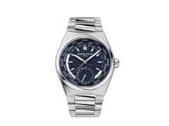 Frederique Constant Highlife Worldtimer Manufacture Automatik Edelstahl 41mm blaues Zifferblatt Metallband – Herrenuhren Uhr mit Datum aus Edelstahl. Das Gehäuse ist rund und silber. Das Edelstahlarmband ist silber. Das Zifferblatt ist ein Index in blau.