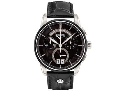 Bruno Söhnle Glashütte Grandioso Chronograph mit Großdatum schwarz – Herrenuhren Chronograph aus Edelstahl. Das Gehäuse ist rund und silber. Das Lederarmband ist schwarz. Das Zifferblatt ist ein Index in schwarz.