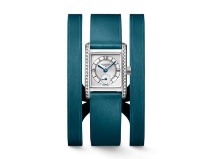 Longines DolceVita   Mini Quarz Edelstahl 22x29mm silbernes Zifferblatt blaues Lederband – Damenuhren Uhr ohne Datum aus Edelstahl und Leder. Das Gehäuse ist rechteckig und silber. Das Lederarmband ist blau. Das Zifferblatt ist römisch und silber. – Ansicht 4