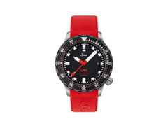 Sinn Spezialuhren U50 SDR Taucheruhr Automatik U‑Boot‑Stahl 41mm schwarzes Zifferblatt rotes Silikonband – Herrenuhren Uhr mit Datum aus Edelstahl und PVD beschichtet. Das Gehäuse ist rund und silber. Das Kautschuk / Kunststoff / Silikon Armband ist rot. Das Zifferblatt ist ein Index in schwarz.