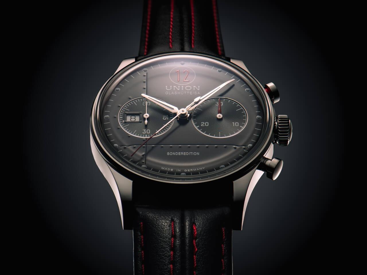 Union Glashütte Noramis Chronograph Paul Pietsch Sonderedition Automatik Edelstahl 42mm schwarzes Zifferblatt schwarzes Lederband – Herrenuhren Chronograph aus Edelstahl. Das Gehäuse ist rund und silber. Das Lederarmband ist schwarz. Das Zifferblatt ist arabisch Index und schwarz. – Ansicht 5