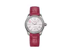 Glashütte Original Lady Serenade Automatik Edelstahl 36mm Perlmutt-Zifferblatt mit Brillanten rosa Lederband Limited Edition – Damenuhren Uhr mit Datum aus Edelstahl. Das Gehäuse ist rund und silber. Das Lederarmband Kroko / Alligator ist rosa. Das Zifferblatt ist arabisch Index und blau.