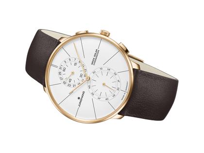 Junghans Meister Fein Chronoscope Mega Solar Funkuhr Edelstahl Roségold-PVD 39mm weißes Zifferblatt braunes Lederband – Herrenuhren Uhr mit Datum aus Edelstahl und PVD beschichtet. Das Gehäuse ist rund und roségold. Das Lederarmband ist braun. Das Zifferblatt ist ein Index in weiß. – Ansicht 2